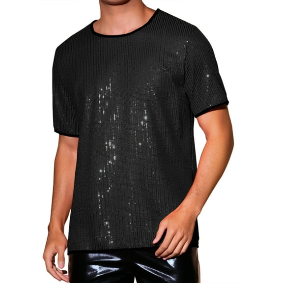 INSPIRE CHIC Men's Metallic Short Sleeved Club Rave Party Sequins Sparkly T-Shirt M Black