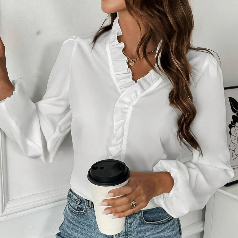 GXIPO Women's Ruffle Trim Pullover Long Sleeve Blouse Top