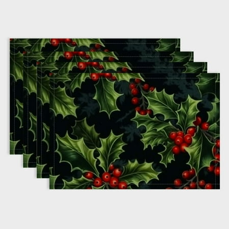 

Autua Christmas Fir Branches Placemats Red Holly Berry Dark Green Fir Branches Washable Linen Table Mats for Kitchen Table Double Insulation Decor Dining Set Indoor Outdoor Set of 4 18x12in