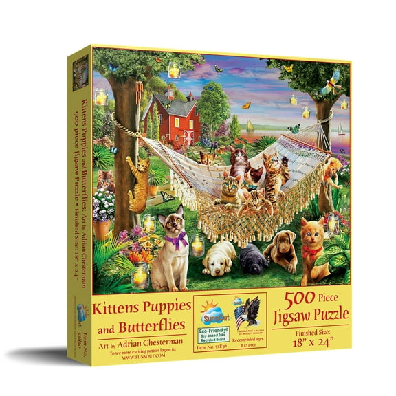 SUNSOUT INC - Kittens Puppies and Butterflies - 500 pc Jigsaw Puzzle by Artist: Adrian Chesterman - Finished Size 18" x 24" - MPN# 51830