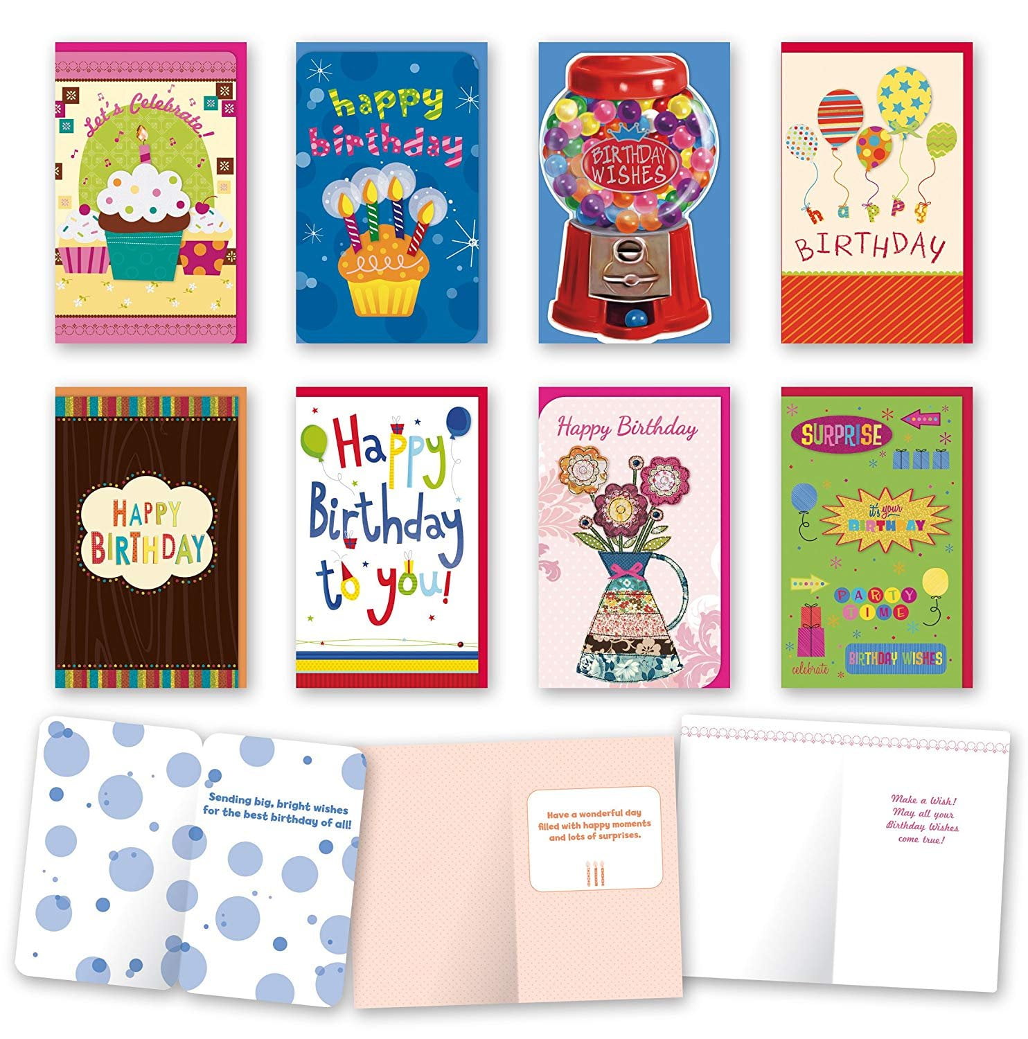 Assorted General Birthday Cards Bulk Card Set of 8 Cards with Envelopes