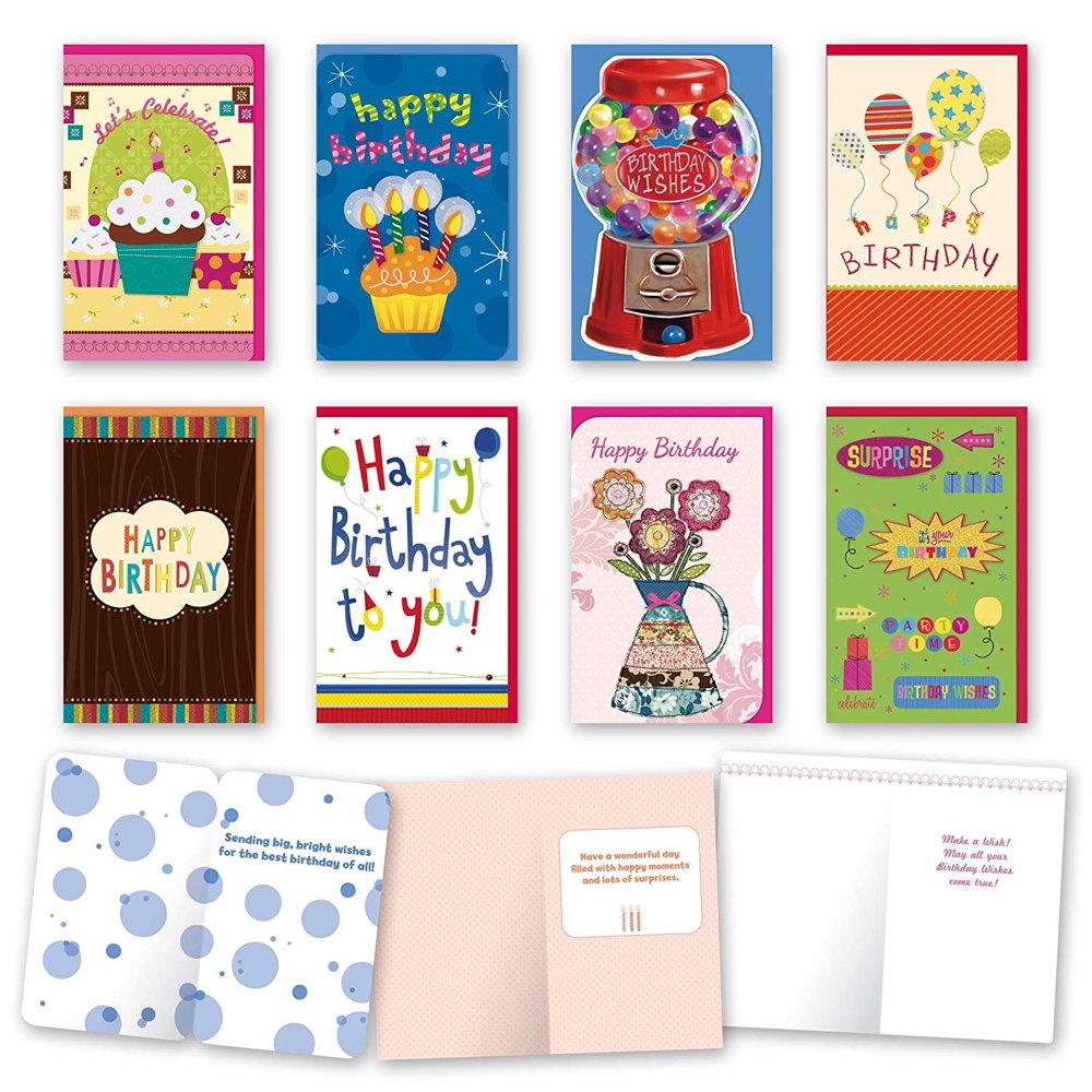 Assorted General Birthday Cards Bulk Card Set of 8 Cards with Envelopes