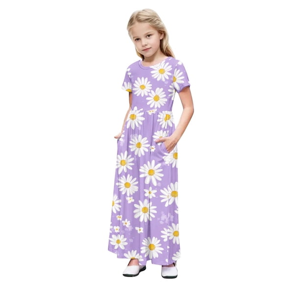 Auroural Girls Dresses Size 10-12 Kids Girl Cute Print Short Sleeve Stretchy Pocket Dress A Line Long Dress 11 Years
