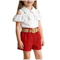 thumbnail image 2 of ITSAME Girls Outfits 3-Piece, Lapel Ruffled Tops and Shorts with Belt Summer Fashion Casual Clothes Set Wine Size 4-5, 2 of 7