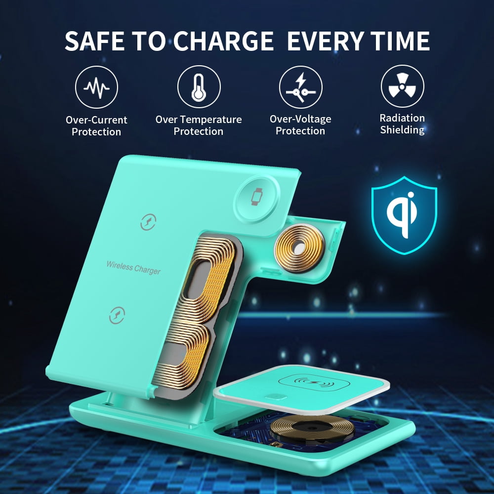 Wireless Charger,iPhone Charging Station for iPhone 16/15/14/13/12/11/Pro Max/Plus, 3 in 1 Wireless Charging Stand for iWatch SE 10/9/8/7/6/5/4/3, Airpods Pro/3/2 Green