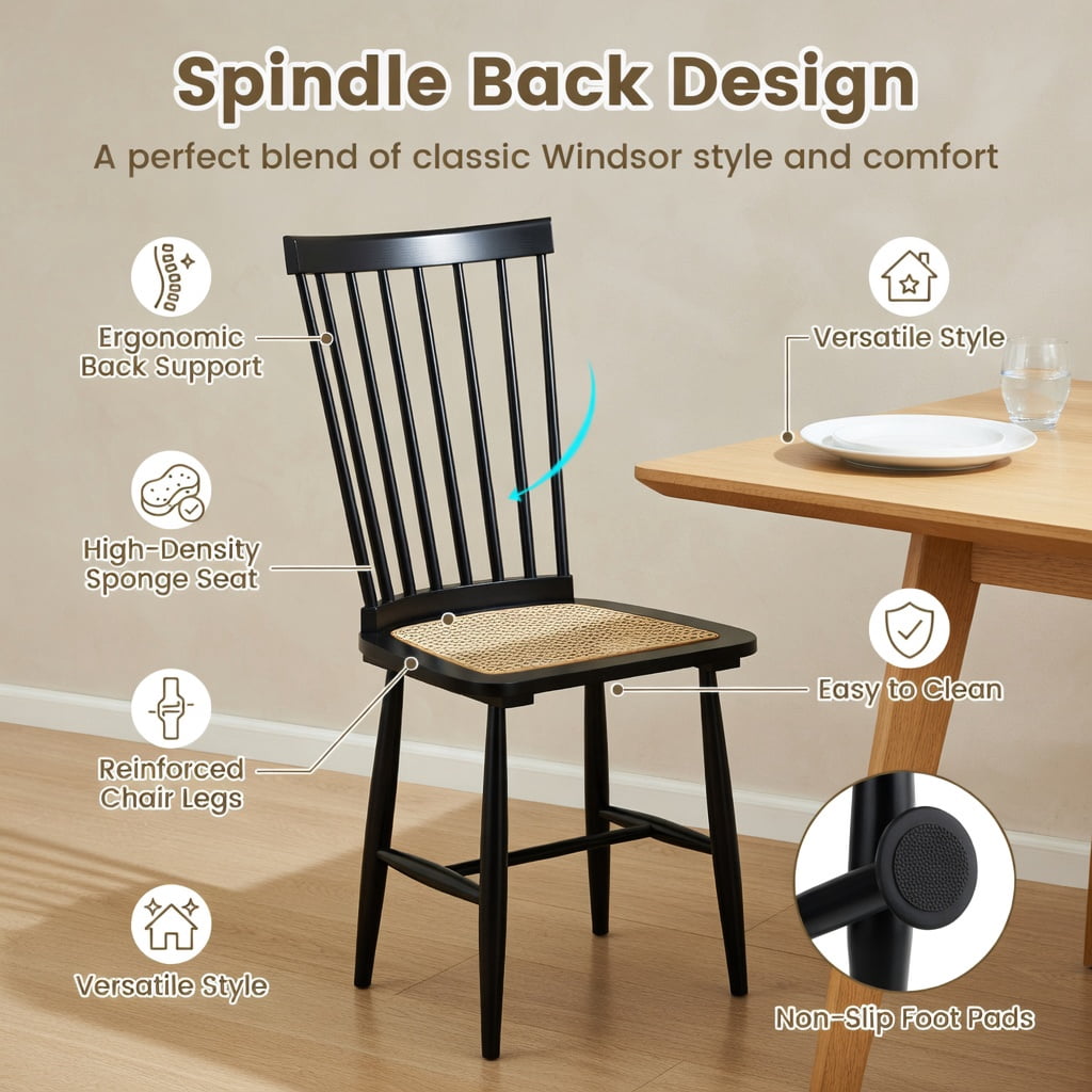Farmhouse Dining Chairs Set of 2 – Solid Rubber Wood Frame with Woven PE Rattan Seat, Black & Natural Finish, Mid-Century Modern Style, 420 lb Capacity