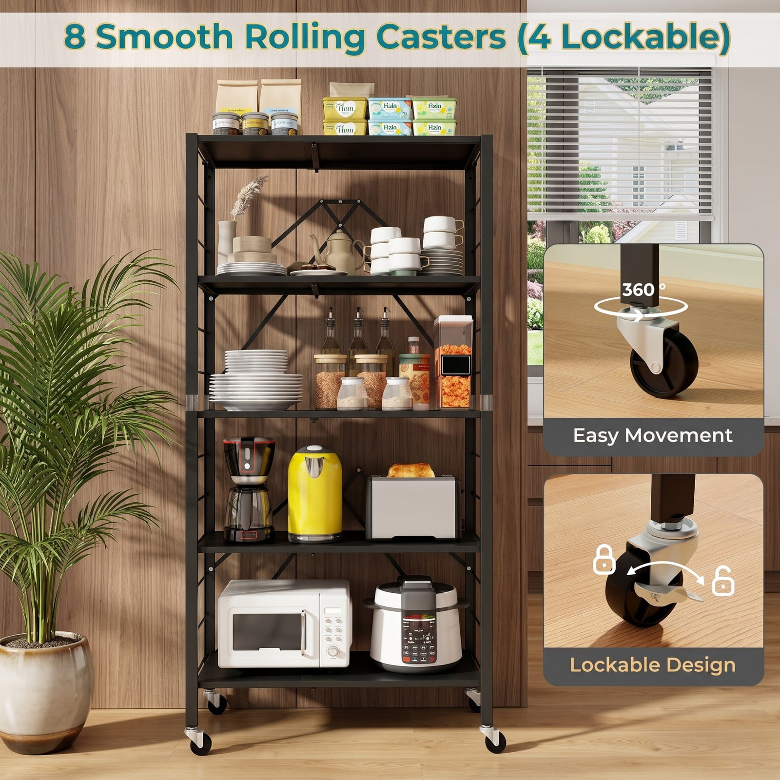 Furnibear 5-Tier Foldable Storage Shelf with Wheels, Adjustable Extendable Metal Utility Rack for Kitchen Living Room Study Tool Room, Rolling Storage Organizer, Black
