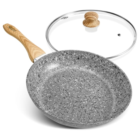 Koch Systeme CS Poêle à Frire en Pierre de Granit Antiadhésive Grise de 12 Pouces, avec Couvercle, Va au Four et Compatible avec Toutes les Cuisinières