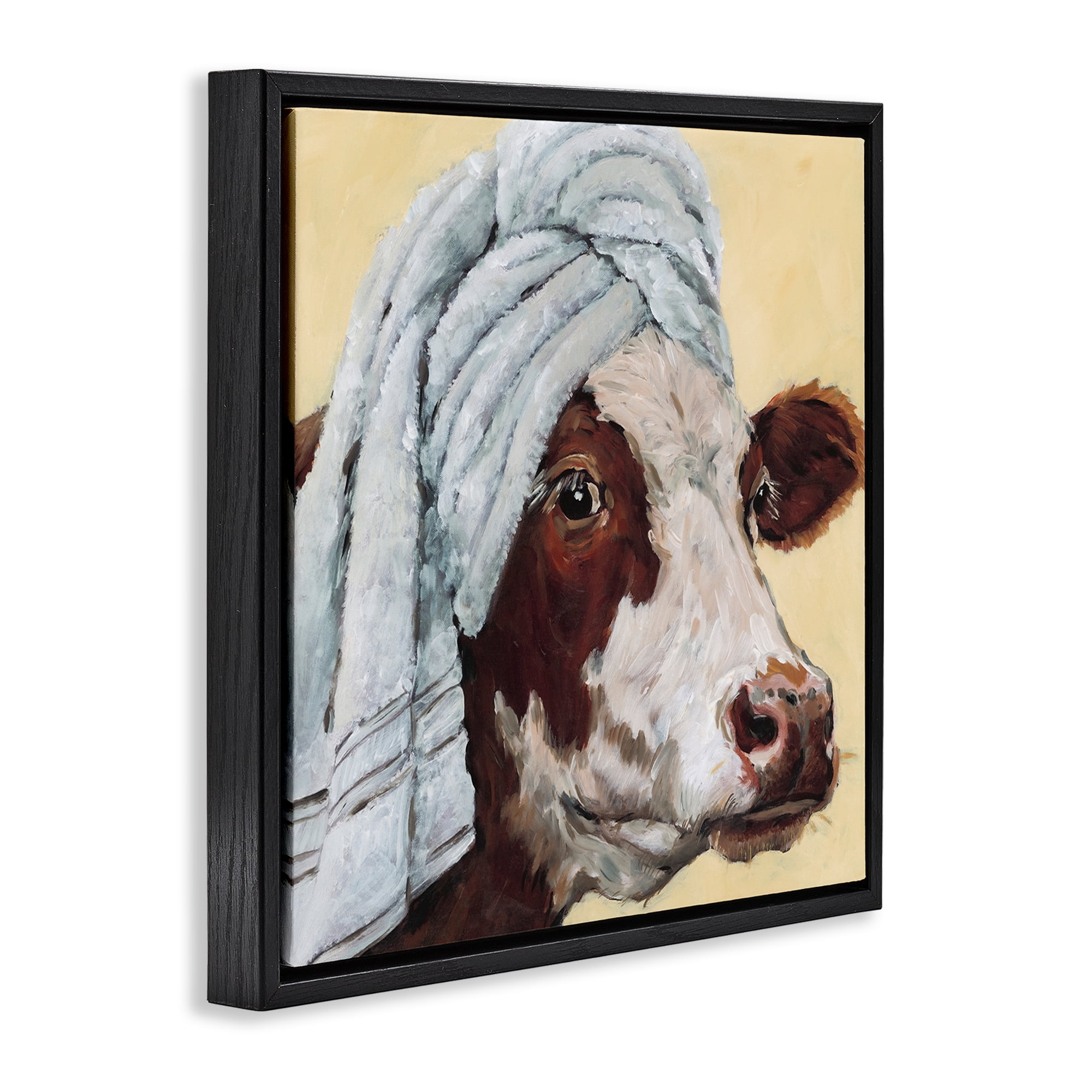Stupell Industries Cow Spa with Towel Black Framed Floater Canvas Wall Art, design by Studio Bautista