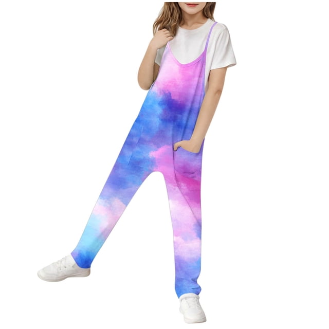 Posijego Girls Tie-Dye Jumpsuit Sleeveless Spaghetti Straps Long Rompers One-Piece Outfit Overalls with Pockets