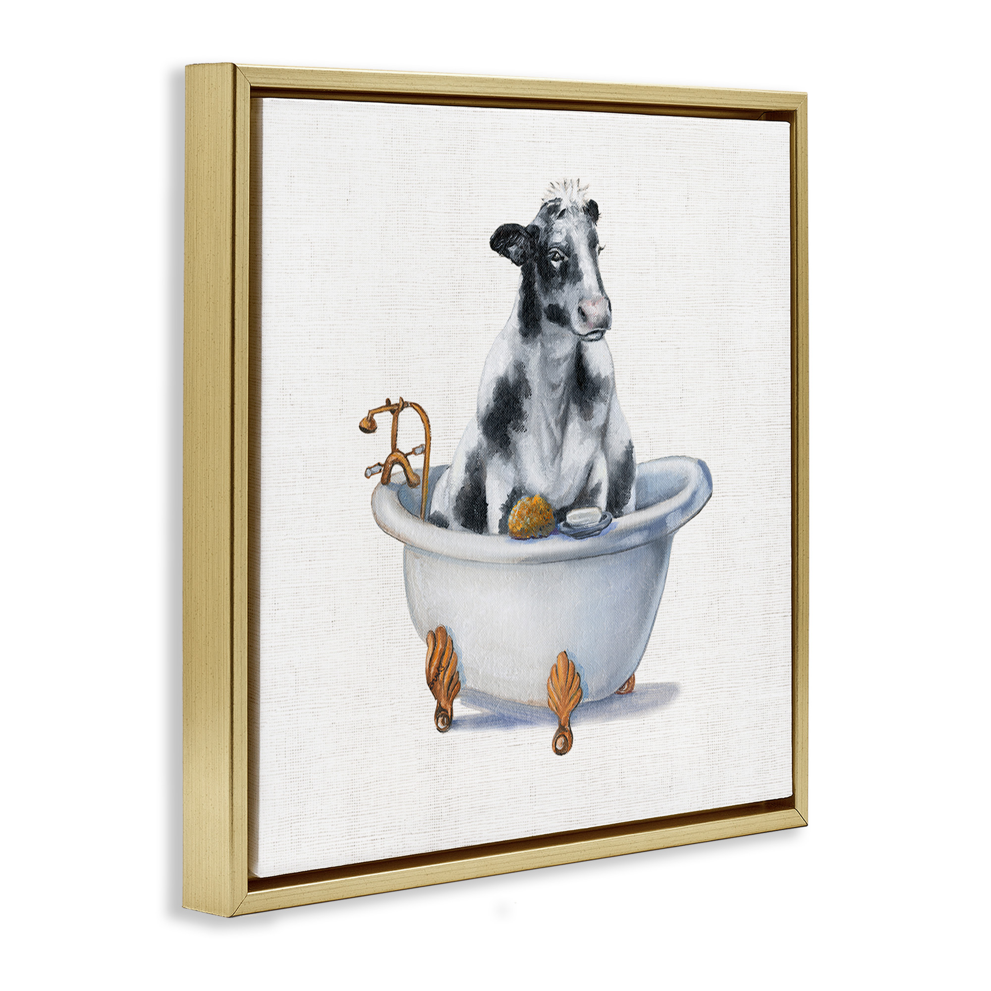 Stupell Industries Dairy Cow in Bathtub Animals & Insects Painting Gold Floater Framed Canvas Art Print Wall Art, 18 x 18