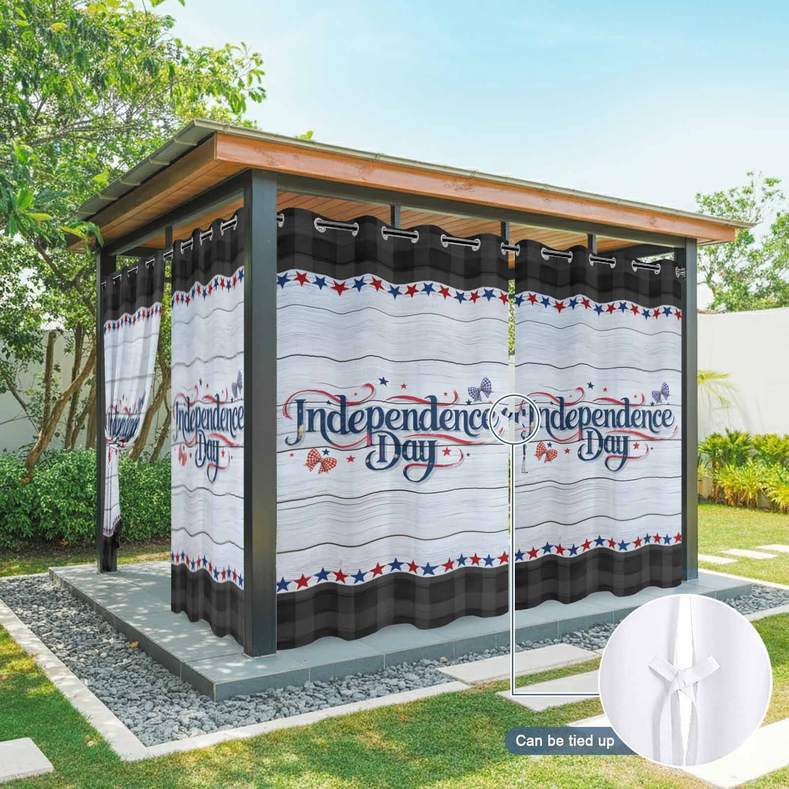 Independence Day Outdoor Curtains for Patio, Orange Blue Plaid Bow Red Star Wood Striped Sunshade Privacy Drapes Grommet Waterproof Outside Curtains for Porch/Cabana/Balcony 54"x 108", 1 Panel