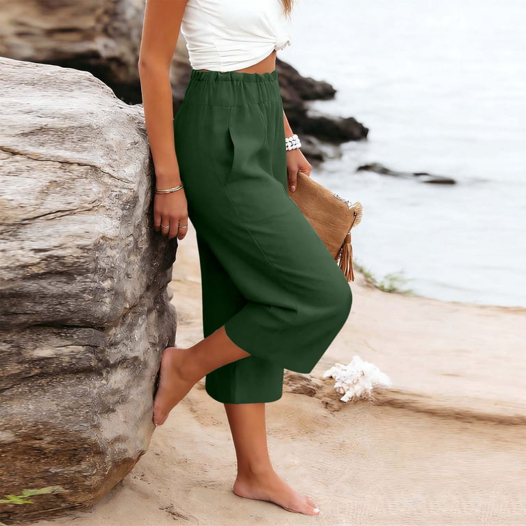 salsation★ Capri Pants★サイズM★ダークグリーン Women's Pleated Loose Fit Capris with Pockets Elastic Waist Solid