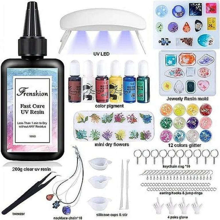 Frenshion UV Resin Kit with Light,113Pcs Resin Jewelry Making Kit with 200g Fast Cure Clear Hard Low Odor UV Resin, Color Pigment, Resin Accessories