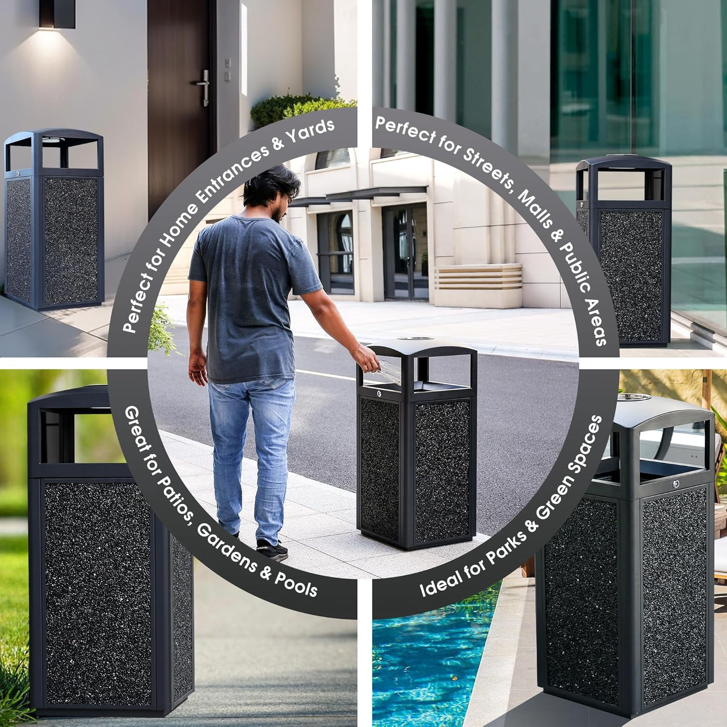 BERPET 15 Gallon Commercial Outdoor Trash Can with Ashtray Top, Steel Waste Receptacle with Stone Panels, Removable Liner and Locking Door