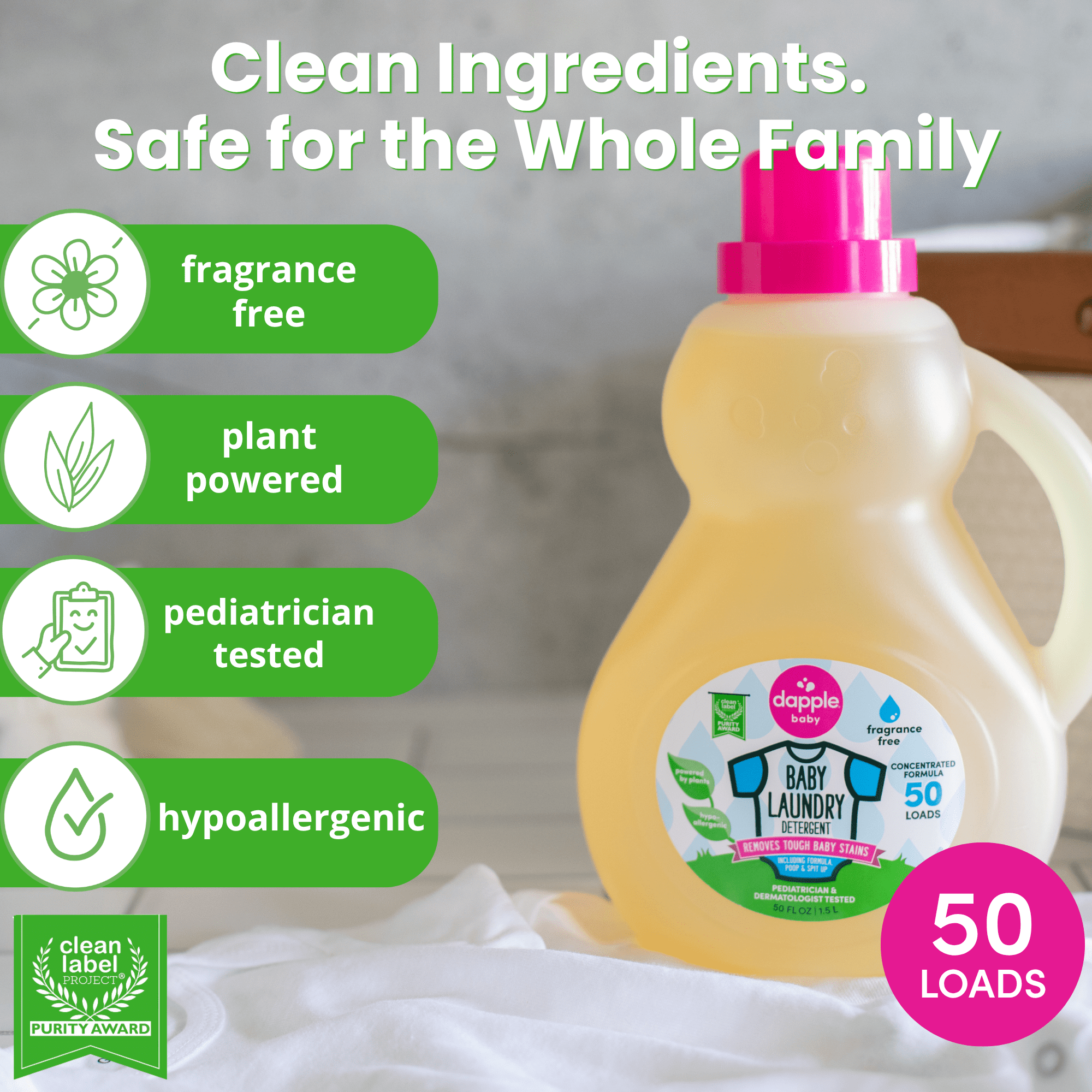 Dapple Baby Laundry Detergent, Fragrance-Free, 50 fl oz Bottle