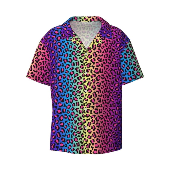 Ratiio Leopard Neon Rainbow Gradient Print Mens Casual Short Sleeve Shirts Button Down Textured Shirts Summer Beach Shirt with Pocket Men's Casual Short-sleeved Shirt