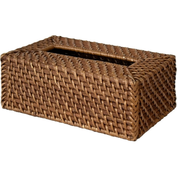 Rectangular Rattan Woven Tissue Box Cover Holder | Handmade Rustic Tissue Paper Box Napkin Dispenser Organizer for Kitchen, Bathroom and Office (Brown)