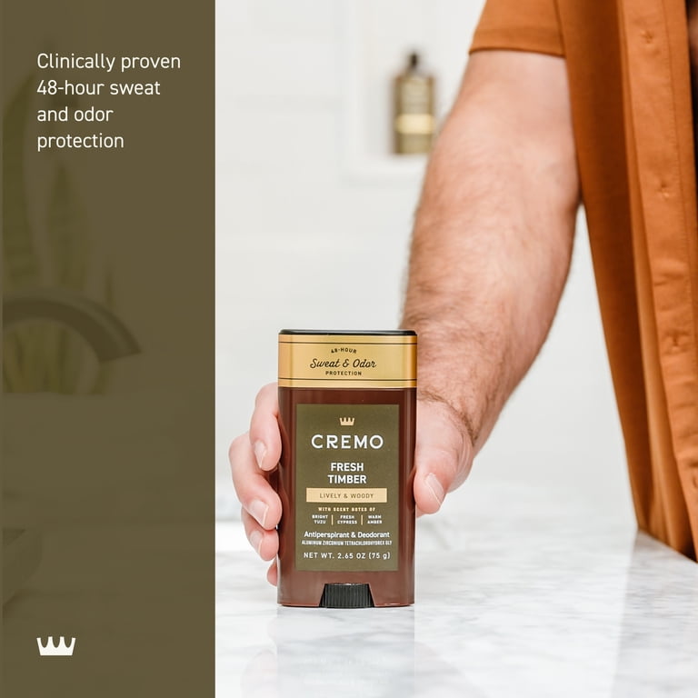 Cremo Men's Deodorant & Antiperspirant, Fresh Timber Scent, 2.65