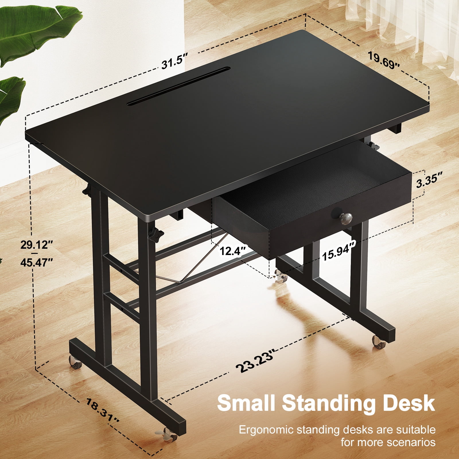 EXRACING Adjustable Height Small Standing Desk, 32" Portable Rolling Laptop Table with Wheels, Mobile Sit-Stand Computer Workstation, Treadmill Desk，Black