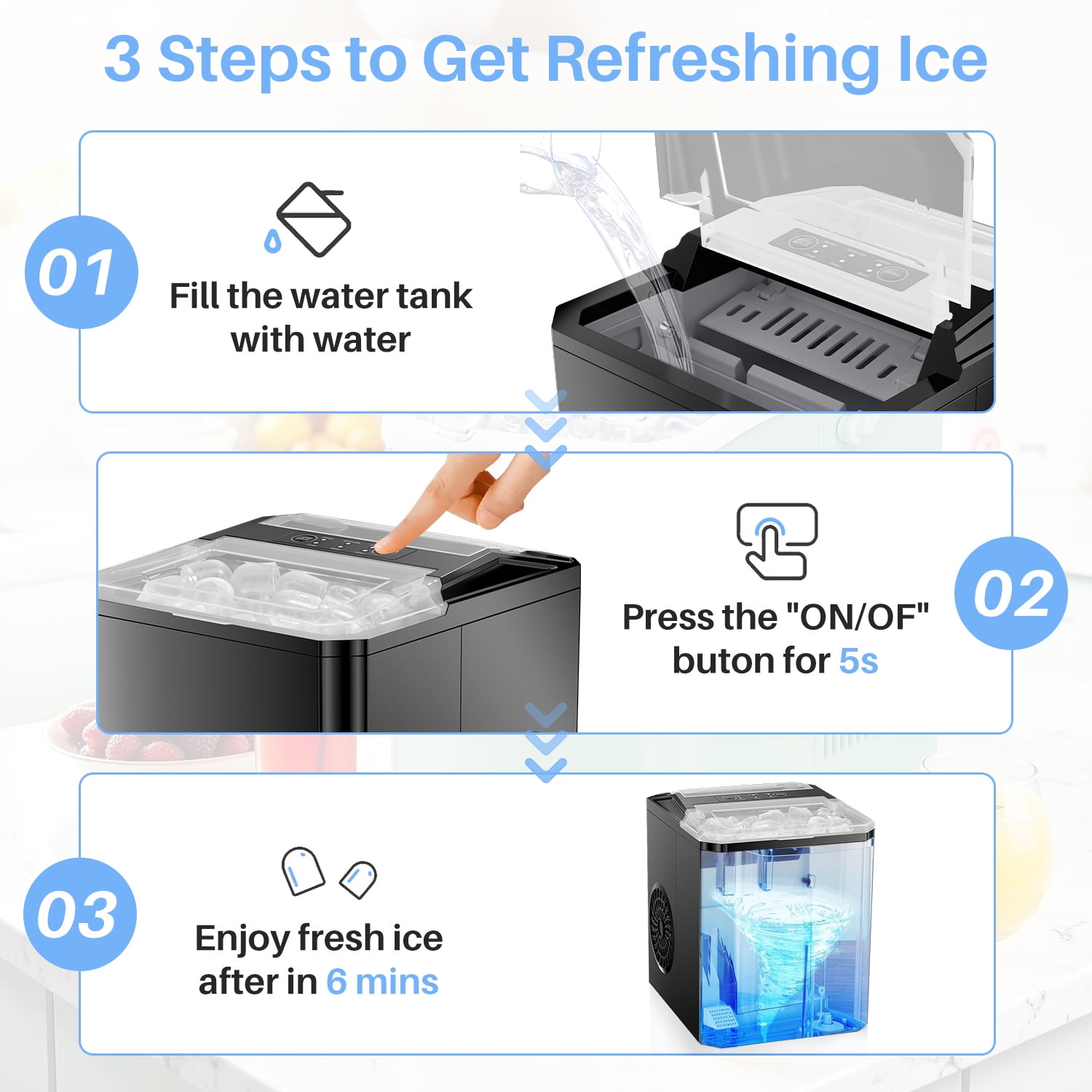 Ice Maker, 9 Cubes in 6 Mins, 26lbs/24Hrs, Portable Countertop Icemaker, Self Cleaning Quiet 2 Sizes, with Ice Scoop, for Home/Kitchen/Camping/RV, Black