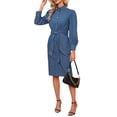 thumbnail image 2 of Sunloudy Vestido de mezclilla para mujer Mangas largas de farol Cuello alto Cierre de botón Bolsillos laterales Vestido con abertura en el dobladillo trasero + Cinturón Sunloudy moda, 2 of 10