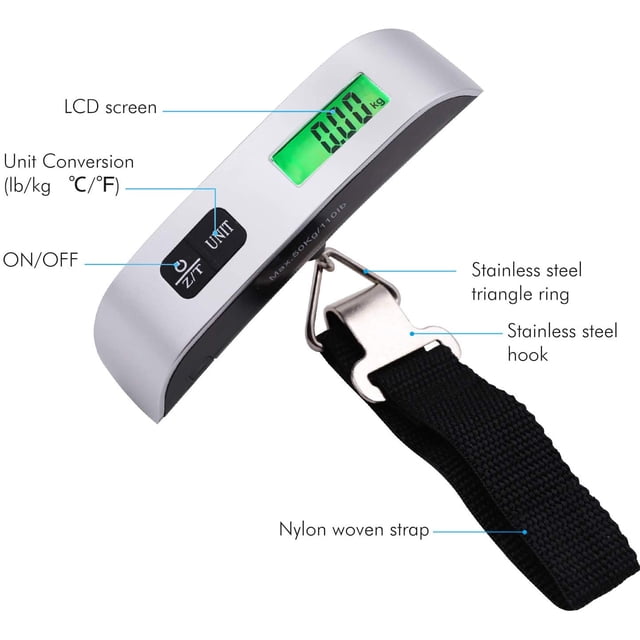 Balanza digital con sensor de temperatura y carro de orientación para colgar tu equipaje, viajes, ocio y hogar 13*3cm (50 kg, 110 lb) plata LingWen 8390606721495