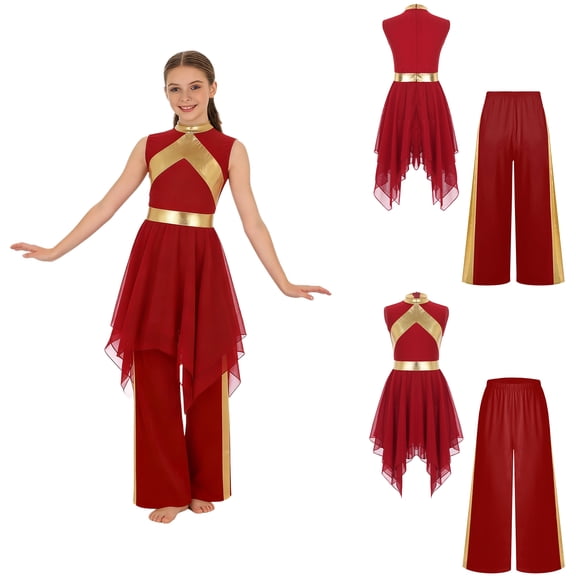 iiniim Girls Metallic Sleeveless Irregular Liturgical Praise Dance Dress with Wide Leg Pants Set Worship Dancewear Burgundy 16