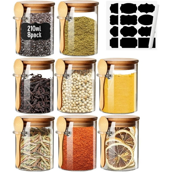 shiyou-Spice Jars with Label 8oz Glass Storage Containers with Lids and Spoon Small Glass Jars for Overnight Oats Cereal Containers Storage Meal Prep Jars for Sugar Yogurt Chia Pudding Tea Salt Candy