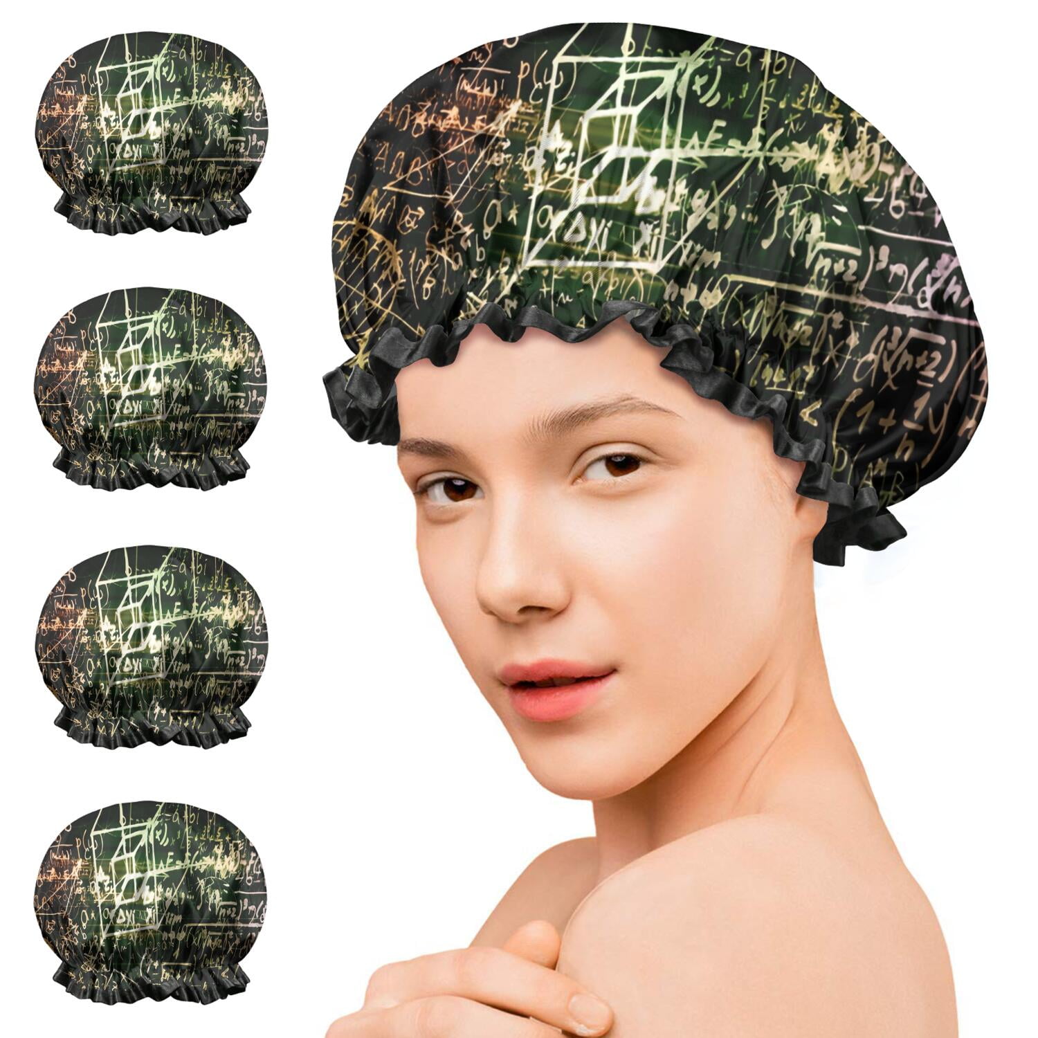 Shower Caps,Math Equations Glowing Formulas Black Pattern Waterproof Shower Cap for Women 4 Pieces,Double Reusable Hair Cover for Shower PEVA Elastic Stretch Hem