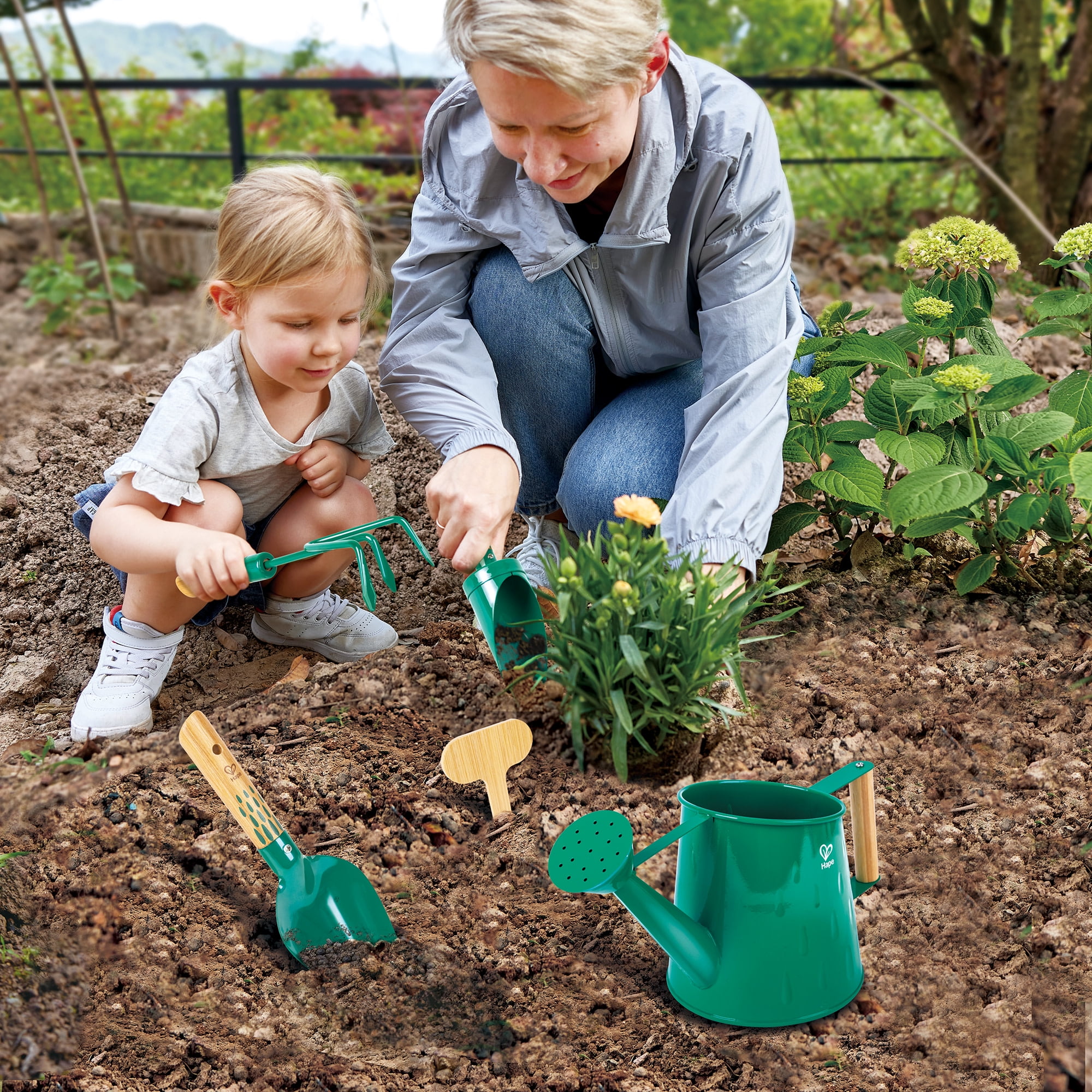 Hape: Nature Fun - Gardening Tool Set - Green 6pc Set, Bamboo & Metal, Water Can & Tools, Sturdy Enough To Use In The Garden, Outdoor Toy, Kids Age 4+