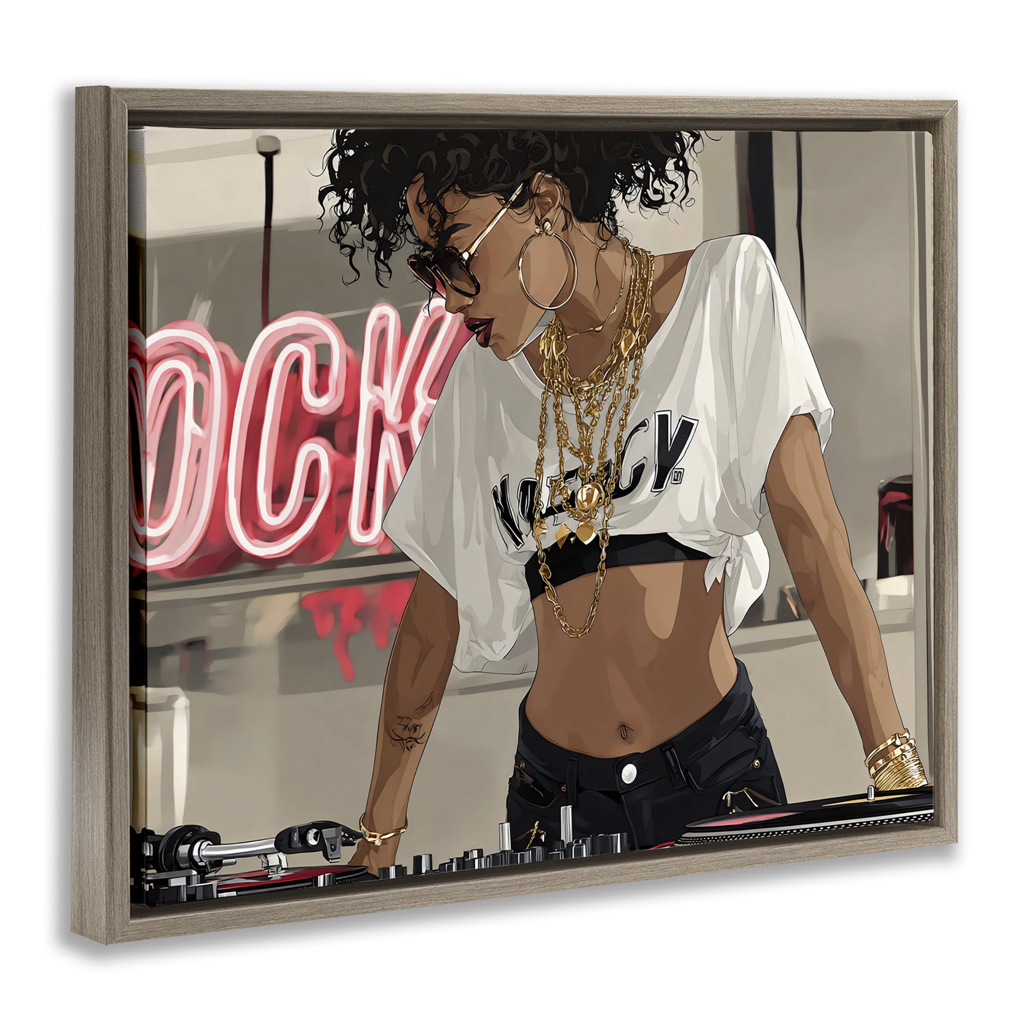 Stupell Industries Rock Neon DJ Music Brown Framed Floater Canvas Wall Art, design by Franklyn Gregory