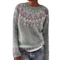 thumbnail image 2 of Women's Vintage Argyle Striped Knitted Sweaters Loose Long Sleeve Crewneck Pullover Casual Fall Winter Daily Tops Gray S, 2 of 6