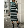 thumbnail image 3 of Niusricy Women's Classic Striped Knit Midi Dress Ladies Elegant Slim Fitted Round Neck Sweater Dress Long Sleeve Knitwear Casual Dress Streetwear Spring Fall for Daily Office Party Club Shopping, 3 of 7