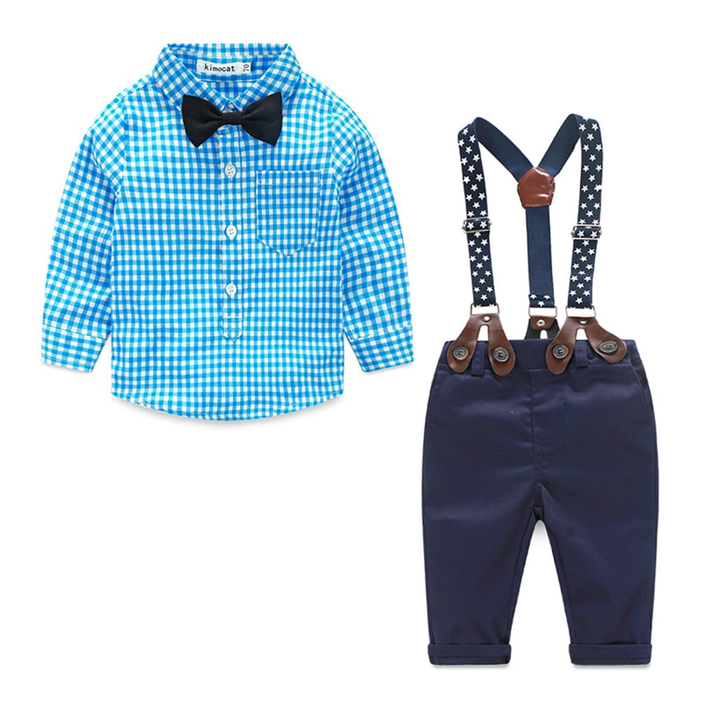 Geagodelia Kid Infant Baby boy Clothes Gentleman Outfit Long Sleeve Plaid Shirt top Suspender Trousers Formal Suit