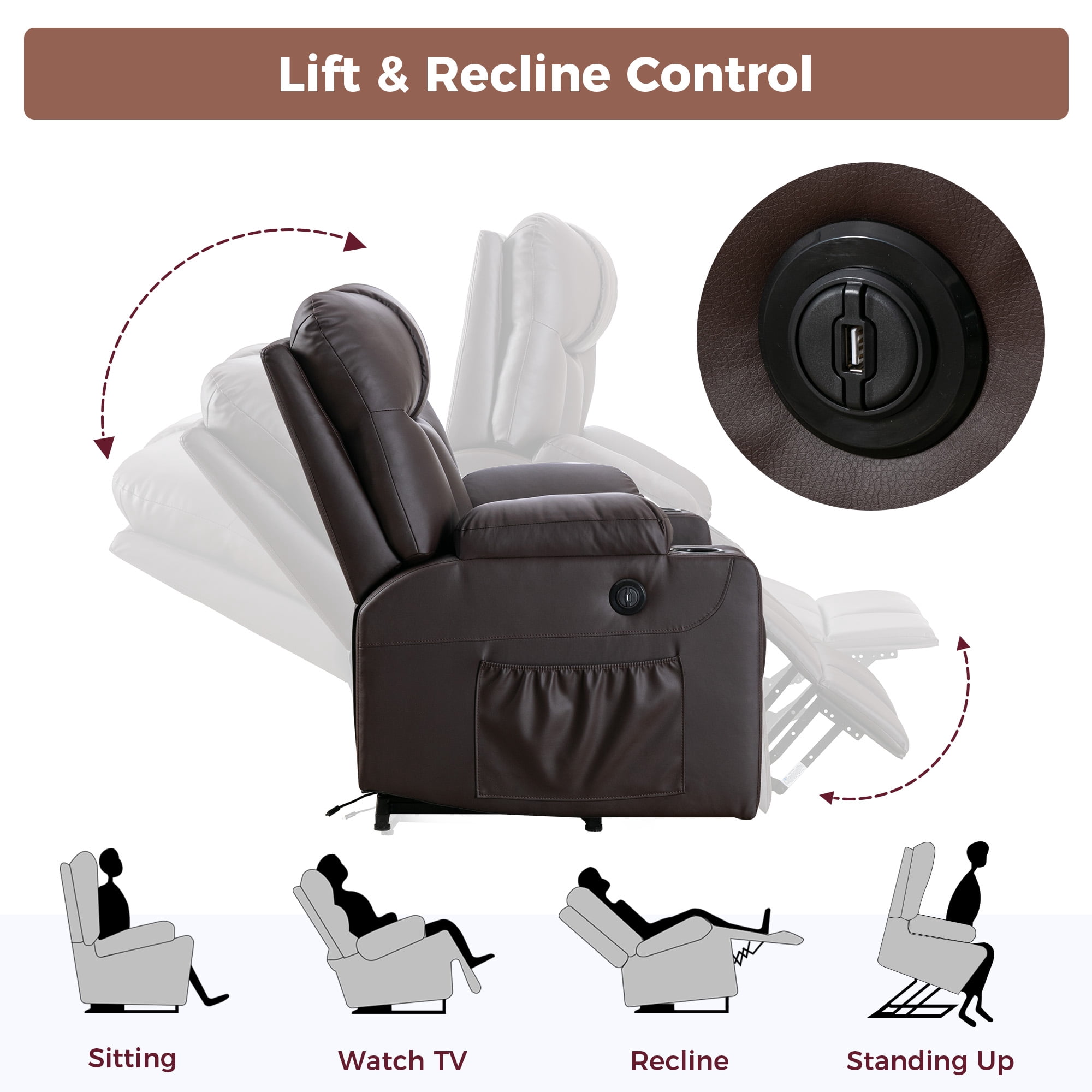 Bonzy Home Electric Recliner Living Room Heated Massage Lift Chair Recliner with Cup Holder and USB, Brown
