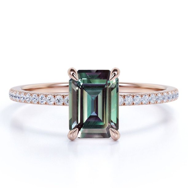 JeenMata Anillo de Compromiso con Solitario de 1,25 Quilates de Esmeralda Tallada en Laboratorio con Pavé de Semi Eternidad de Alejandrita y Moissanita - Oro Rosa de 18 K sobre Plata