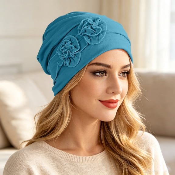 Lumtrix Chemo Headwear for Women Flower Beanies Turbans Hats Stretch Elastic Easy To Wear Hair Loss Light Blue