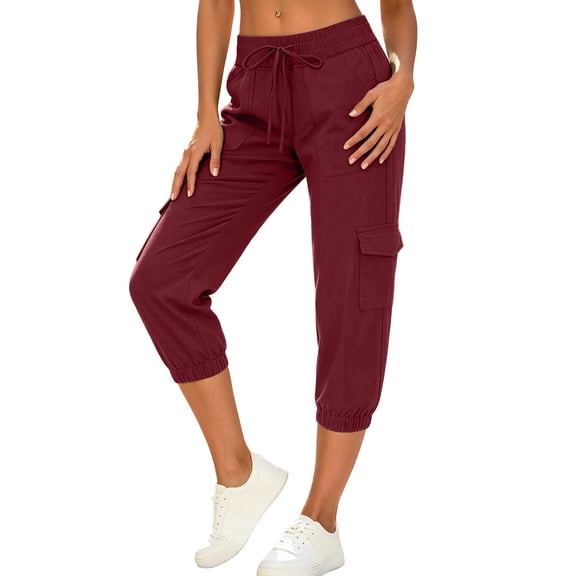 cfhntfmh Womens Capri Cargo Pants Casual Elastic Waist Drawstring Hiking Pants Summer Mid Rise Joggers for Outdoor Travel