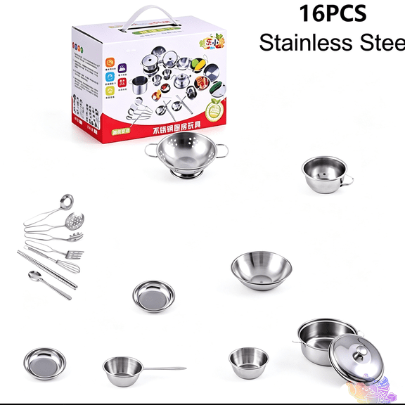 16Pcs Mini Stainless Steel Kitchen Cookware Playset with Pots, Pans, Colander and Cooking Utensils, Realistic Tiny Kitchen Pretend Play House Toys, Chef Cooking Role Play Toy for Kids Ages 3 and Up