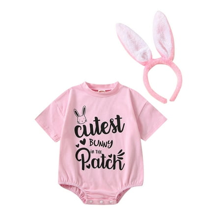 

Newborn Baby Boy Girl Easter Romper Outfits Short Sleeve Letter Printed Jumpsuit with Bunny Ears Headband Set