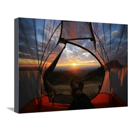 A Camping Tent Glows under Sunset to a Night Sky Outdoor Camping Adventure Stretched Canvas Print Wall Art By noppawan