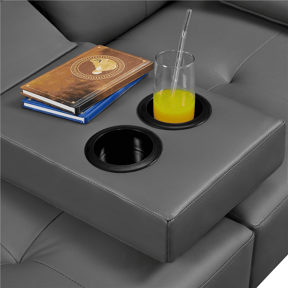 Renwick Modern Faux Leather Convertible Futon Sofa Bed with 2 Throw Pillows & Cup Holders, Gray