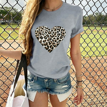 

Women Valentine s Day Casual Short Sleeve O Neck Leopard Print Heart-shaped Top Note Please Buy One Or Two Sizes Larger