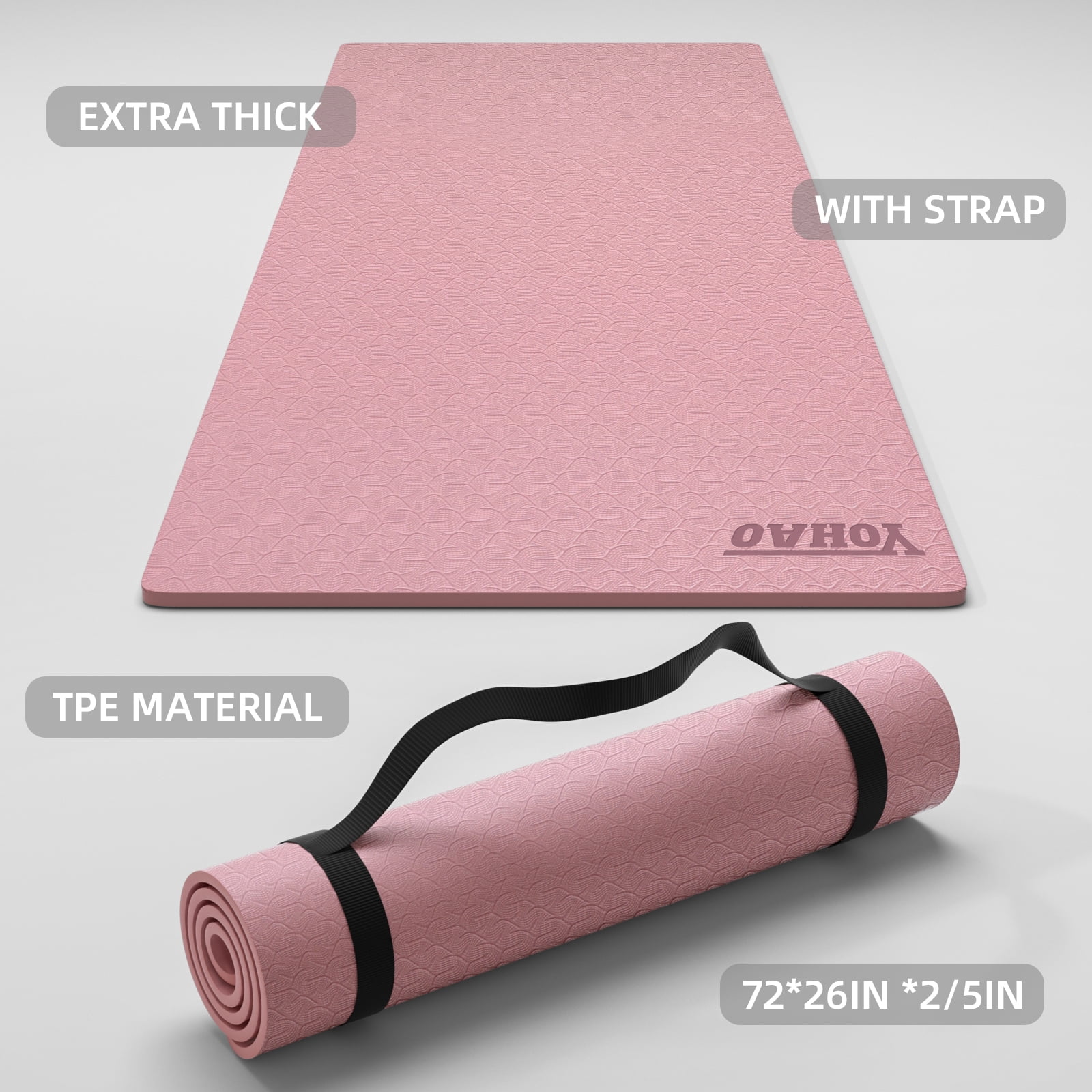 YOHAO Yoga Mat 10mm Thick,72"×26",Non-Slip Eco TPE,Strap included for Travel,Pilates and Fitness Workout(Pink)