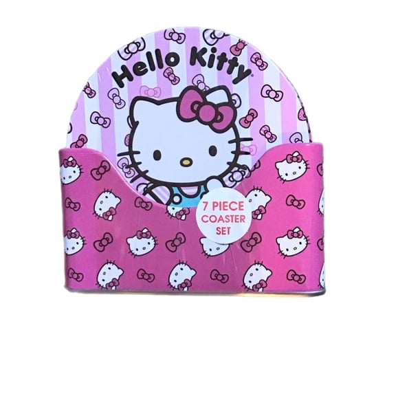 HELLO KITTY 6 TIN COASTER AND MATCHING STAND SET PINK SIGNATURE PRINT WITH STRIPES
