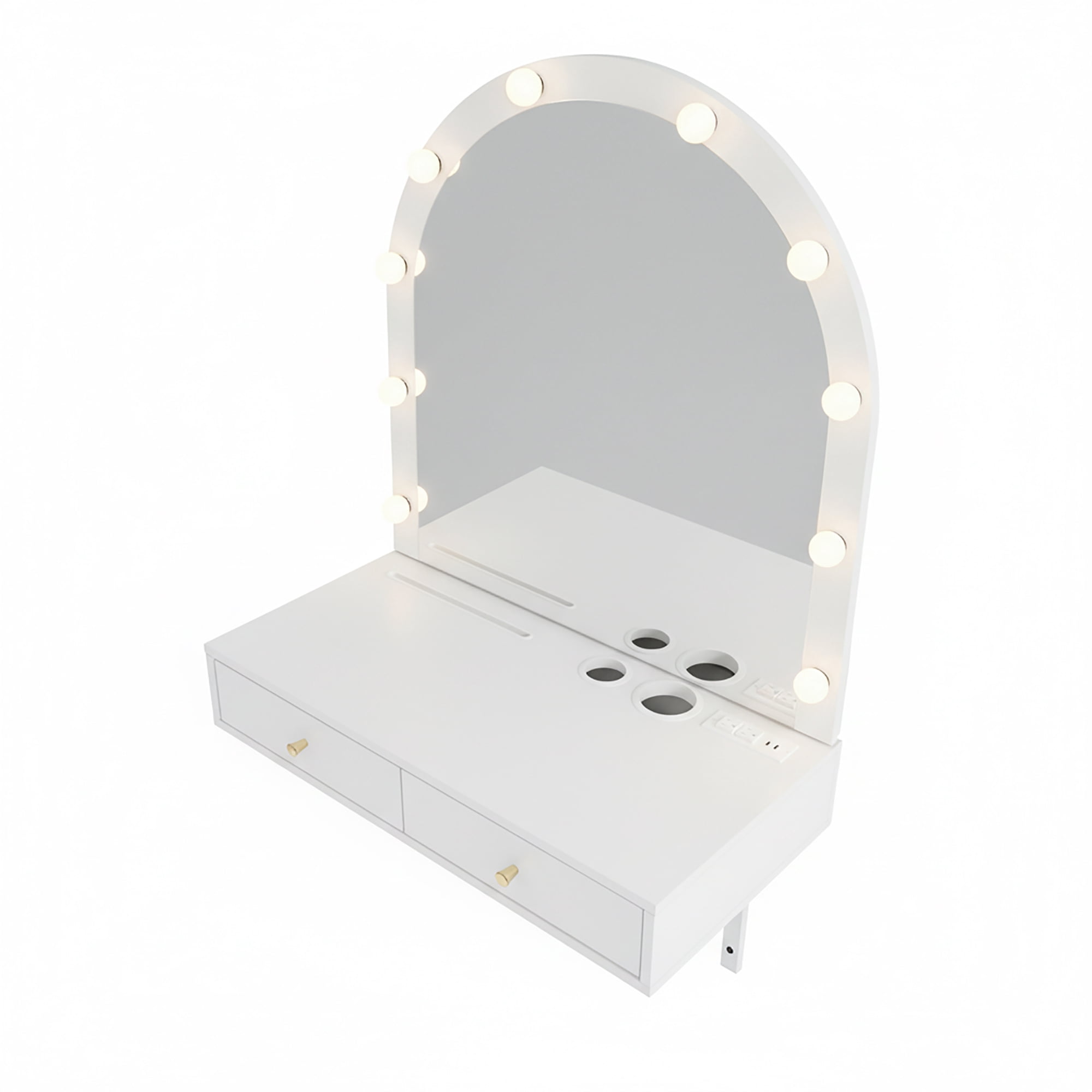 GARITIN Floating Makeup Vanity Desk 31.5 Inch, Wall Mounted Dressing Table with LED Mirror and Power Outlet for Bedroom Bathroom, White