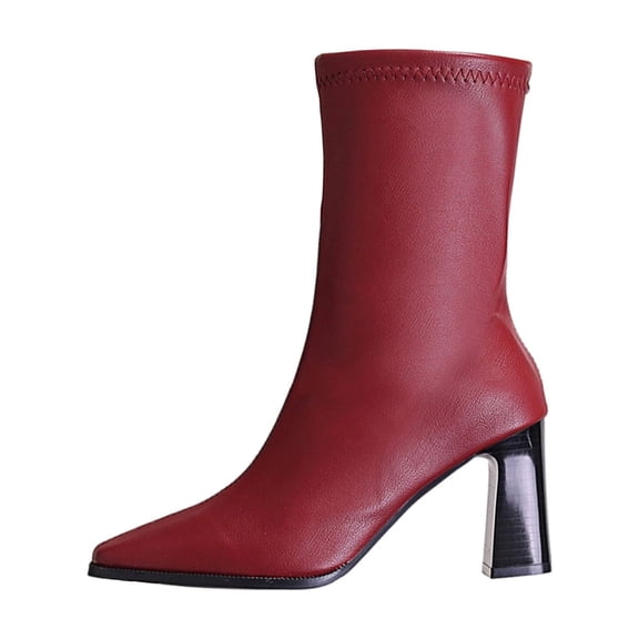 WRKEKC Womens Boots Mid Calf Boots Solid Square Toe Thick Heel Mid Heel Straight Short Boots for Ladies Winter