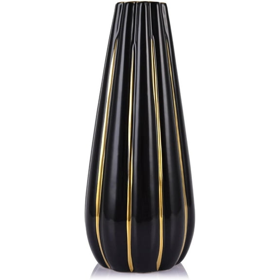 11.8" Tall Modern Ceramic Vase, Black & Gold