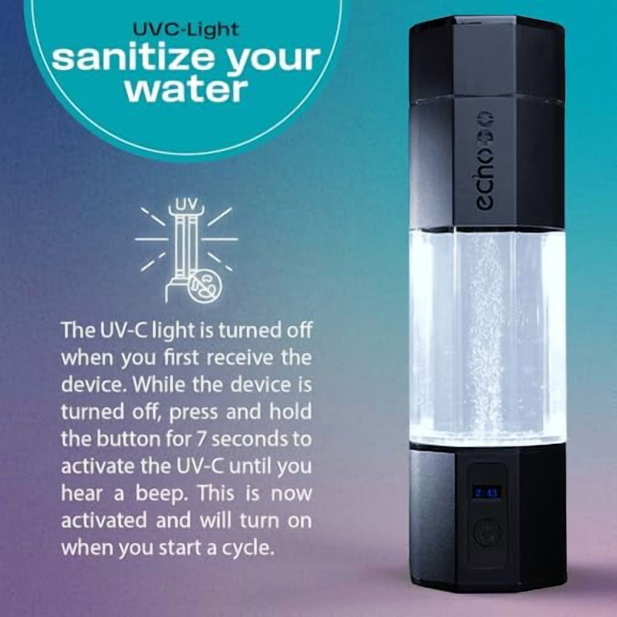 Echo Go+ Hydrogen Water Bottle - Water Ionizer Up to 4.5PPM - SPE & PEM Hydrogen Water Generator - Alternative to Hydrogen Water Pitcher - Black Hydrogenated Water Bottle